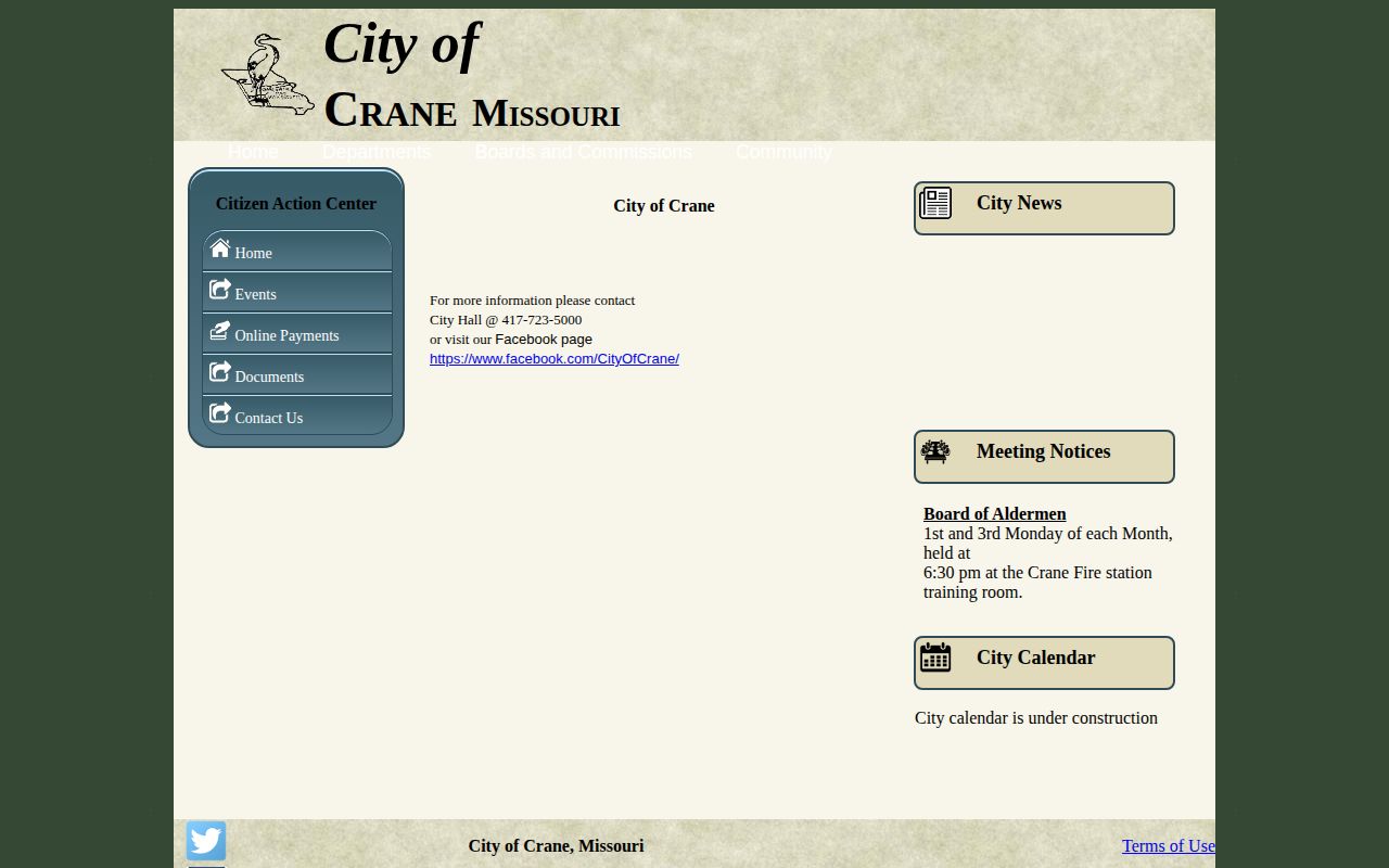 City of Crane official website for local police and records contacts in Stone County