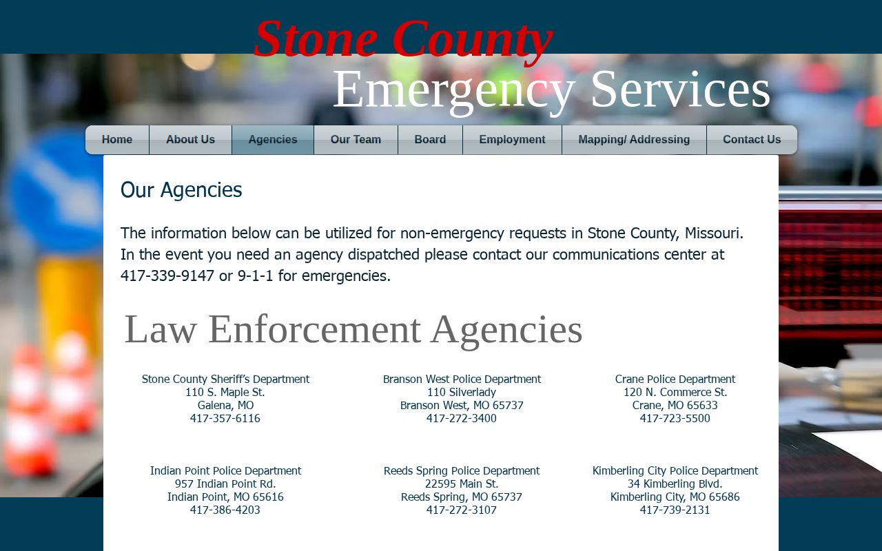 Stone County Emergency Services agency directory showing Galena Police Department contact route